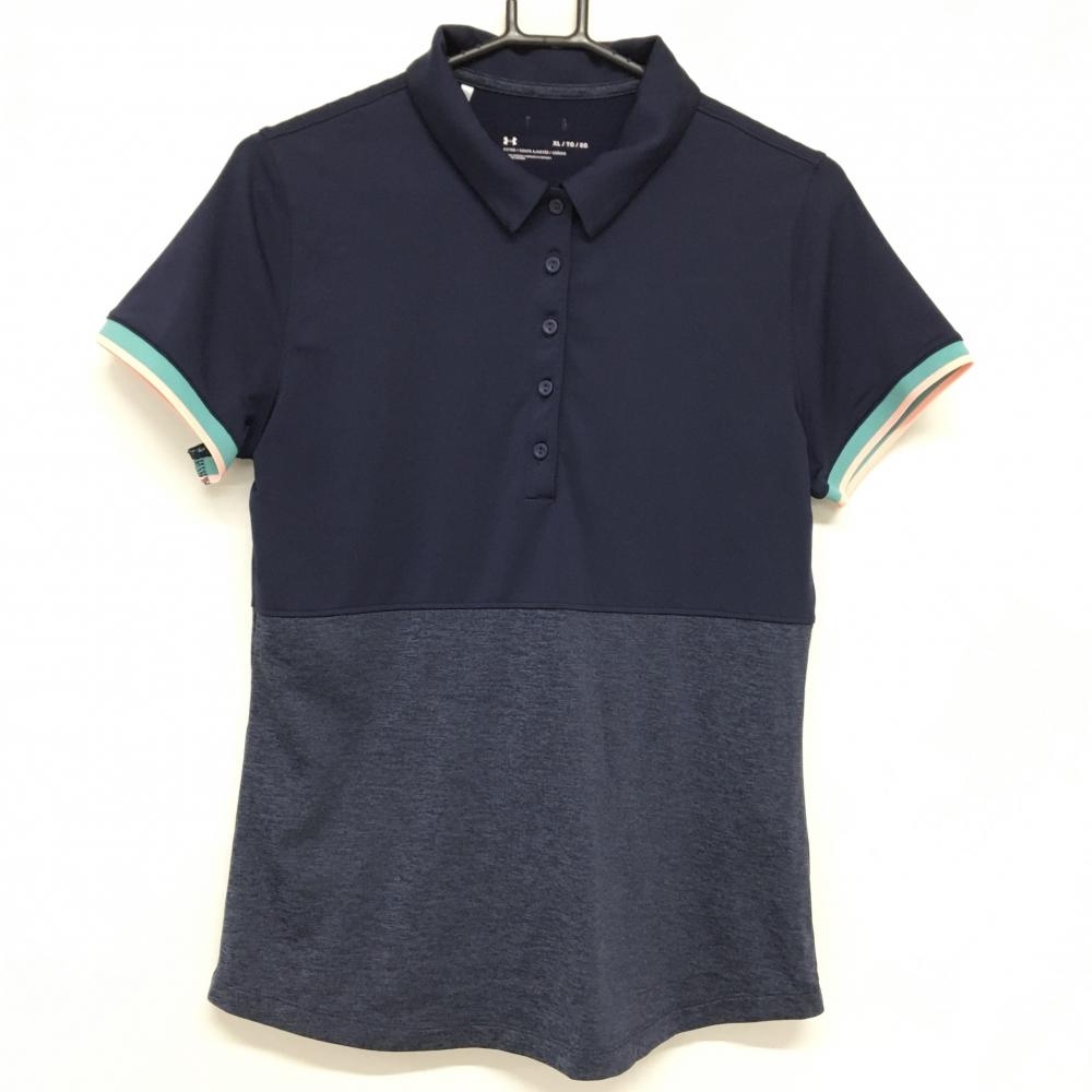 【超美品】アンダーアーマー 半袖ポロシャツ ネイビー×グリーン 下部切替 レディース XL/TG/EG ゴルフウェア UNDER ARMOUR