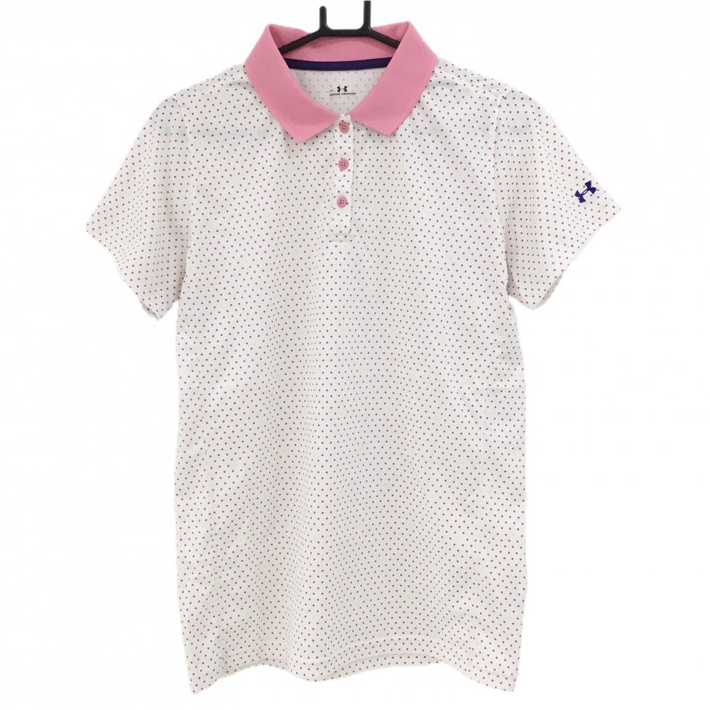 【超美品】アンダーアーマー 半袖ポロシャツ 白×レッド×イエロー ドット レディース XL ゴルフウェア UNDER ARMOUR
