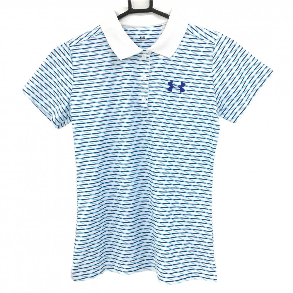 【超美品】アンダーアーマー 半袖ポロシャツ 白×ライトブルー×ネイビー  レディース MD ゴルフウェア UNDER ARMOUR