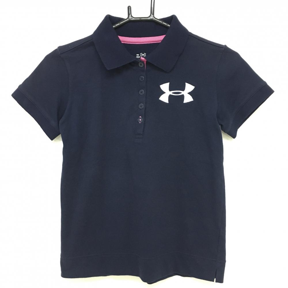 アンダーアーマー 半袖ポロシャツ ネイビー×白 胸ロゴ刺しゅう レディース SM(S) ゴルフウェア UNDER ARMOUR