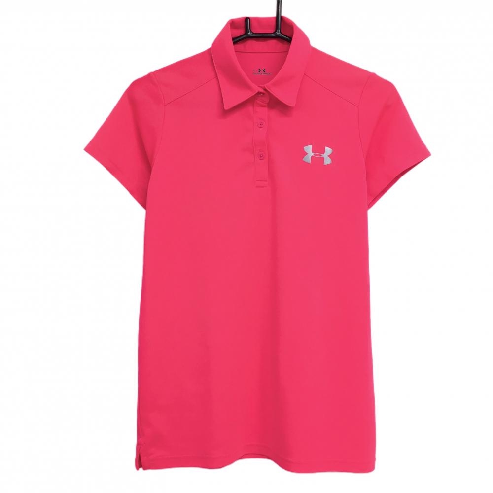 【美品】アンダーアーマー 半袖ポロシャツ 蛍光ピンク ロゴシルバー レディース MD ゴルフウェア UNDER ARMOUR