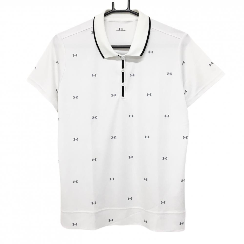 【美品】アンダーアーマー 半袖ポロシャツ 白×グレー ロゴ総柄 レディース XL ゴルフウェア UNDER ARMOUR