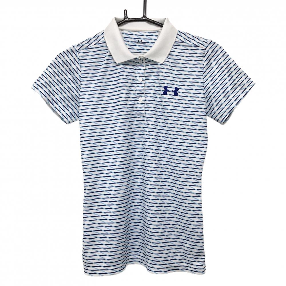アンダーアーマー 半袖ポロシャツ 白×ネイビー×ライトブルー ボーダー 斜めストライプ レディース MD ゴルフウェア UNDER ARMOUR