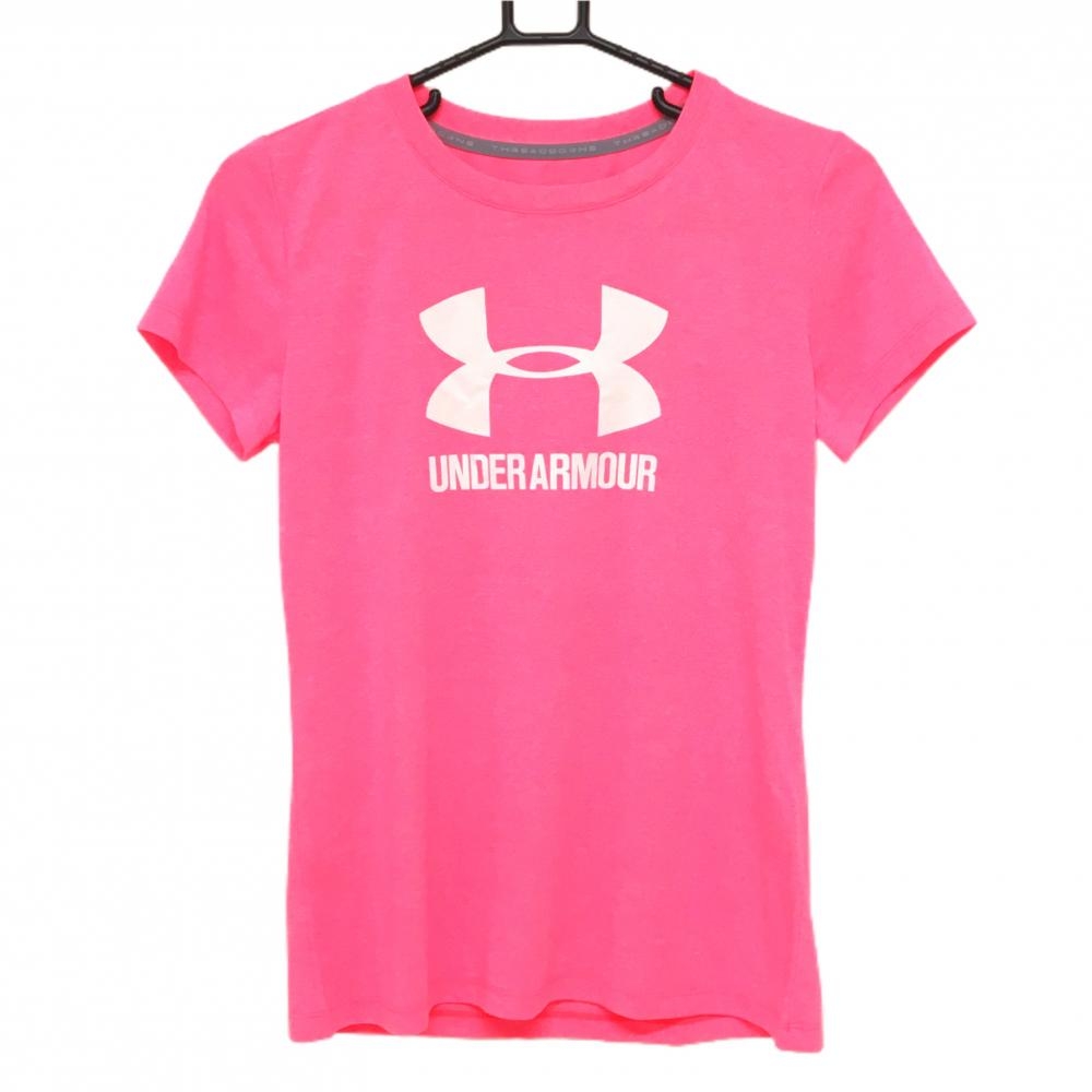 【新品】アンダーアーマー Tシャツ 蛍光ピンク フロントロゴ レディース SM ゴルフウェア UNDER ARMOUR