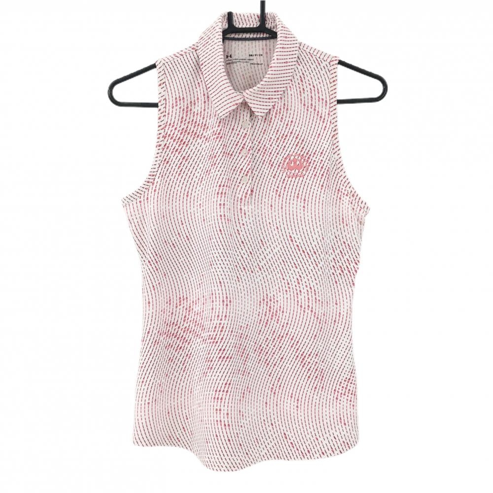 【超美品】アンダーアーマー ノースリーブポロシャツ 白×レッド 総柄 ヒートギア Hawaii  レディース SM ゴルフウェア UNDER ARMOUR