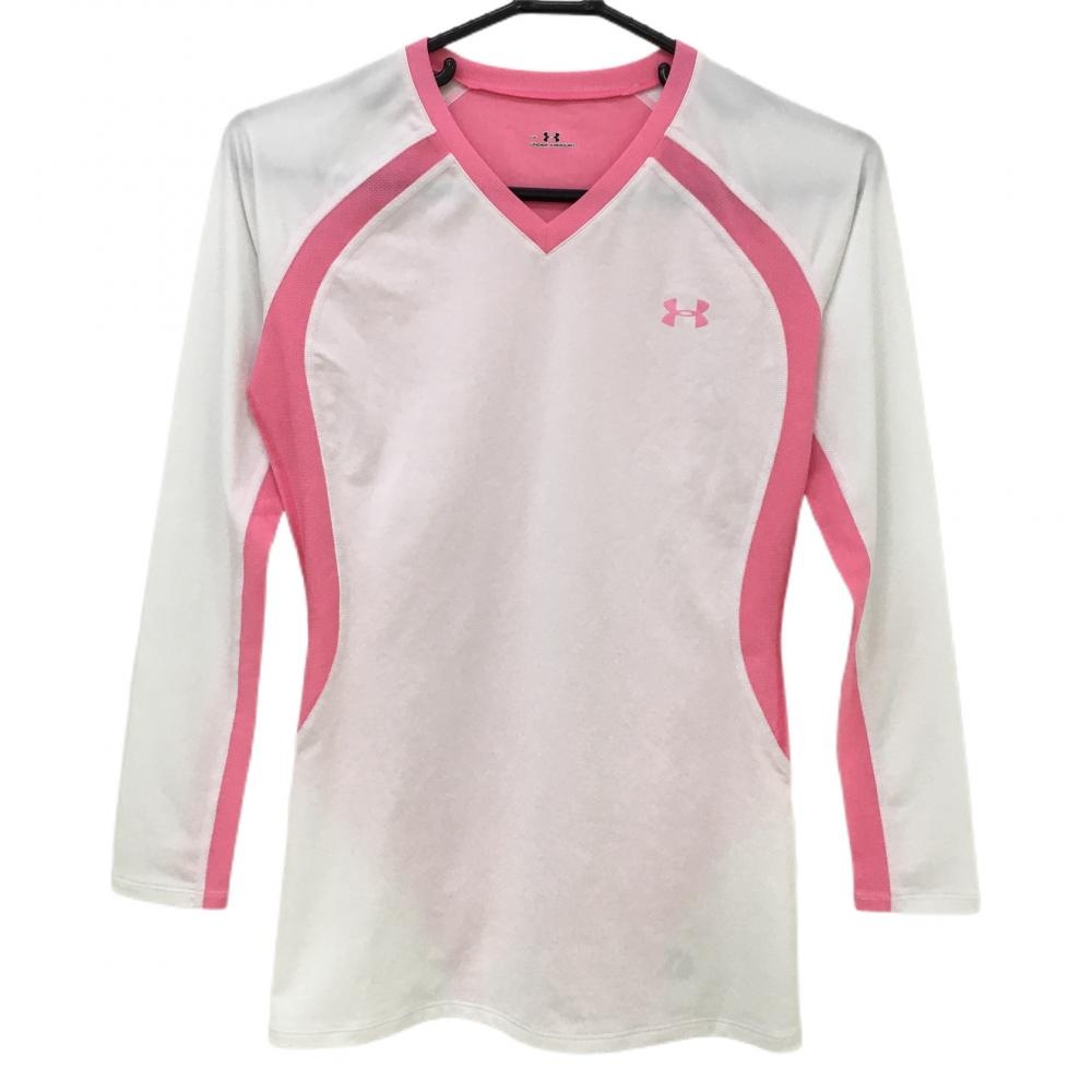 【超美品】アンダーアーマー インナーシャツ 白×ピンク 一部メッシュ レディース LG ゴルフウェア UNDER ARMOUR 画像