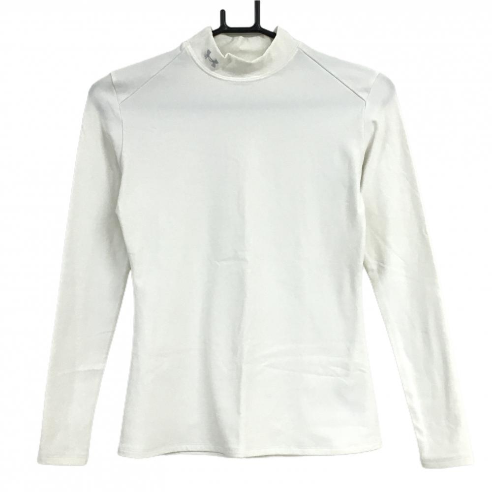 【美品】アンダーアーマー ハイネックインナーシャツ 白 ネックロゴ ストレッチ レディース MD ゴルフウェア UNDER ARMOUR