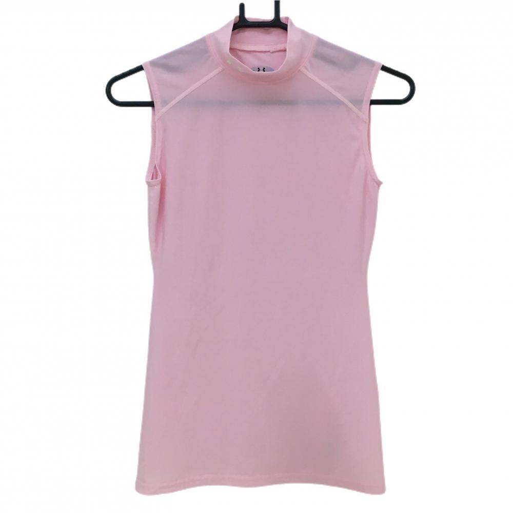 【美品】アンダーアーマー ノースリーブインナーシャツ ハイネック ピンク ロゴ刺しゅう レディース MD ゴルフウェア UNDER ARMOUR