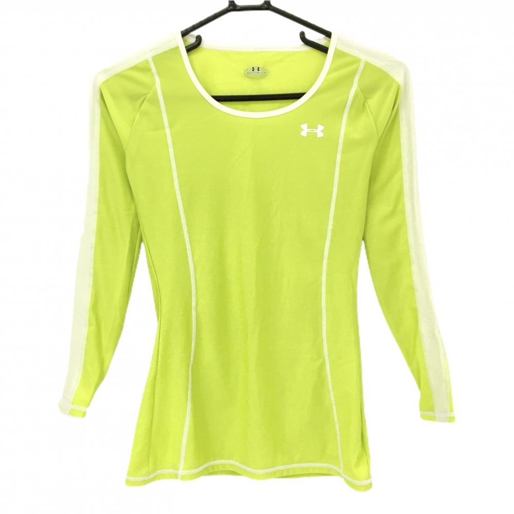 【美品】アンダーアーマー インナーシャツ ライトグリーン×白 袖一部メッシュ ロゴプリント  レディース  ゴルフウェア UNDER ARMOUR
