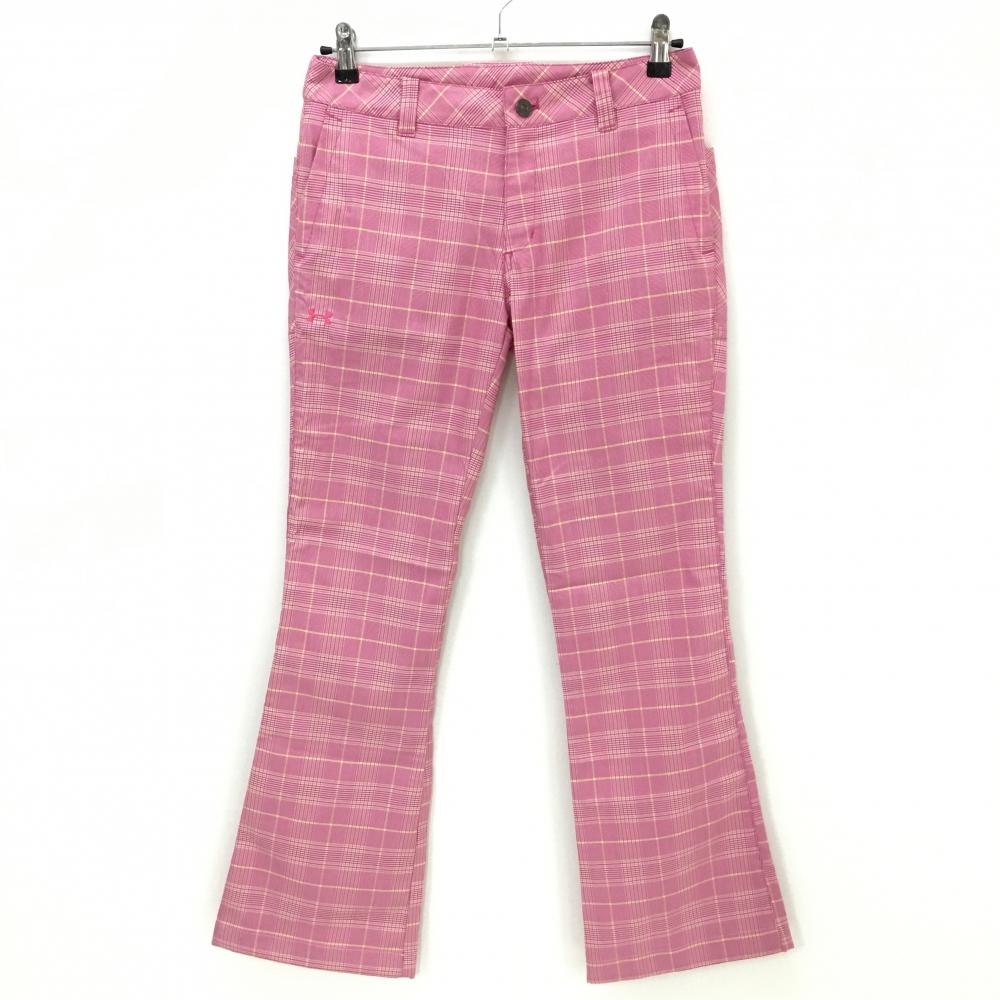 【超美品】アンダーアーマー パンツ ピンク×イエロー グレンチェック  レディース MD ゴルフウェア UNDER ARMOUR