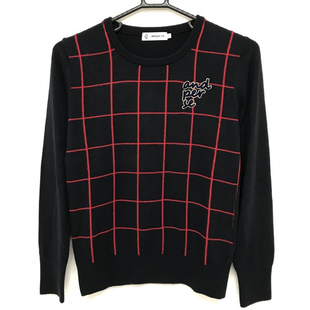アンパスィ セーター ネイビー×レッド 格子柄 パイルロゴ ニット ウール混  レディース M ゴルフウェア and per se