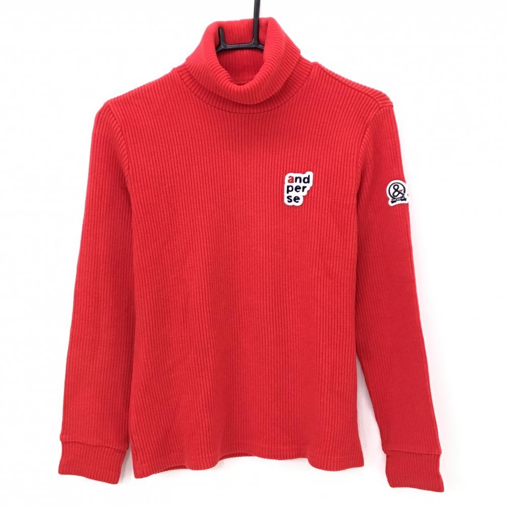 【美品】アンパスィ タートルネックセーター レッド リブ編み ワッペン ニット  レディース M ゴルフウェア and per se