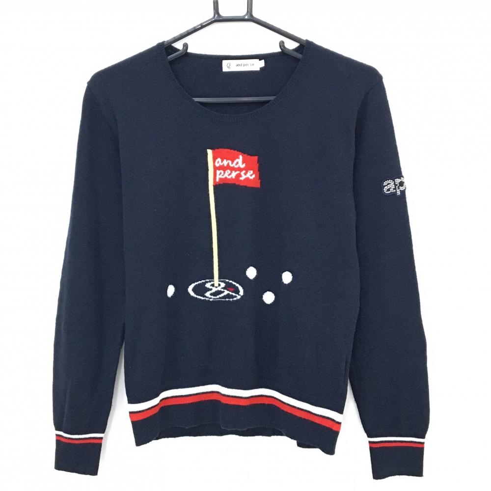 アンパスィ セーター ネイビー×レッド フラッグ ラインストーン ウール混 ニット  レディース L ゴルフウェア and per se
