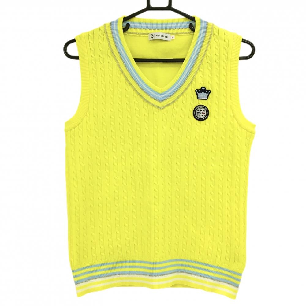 【超美品】アンパスィ ニットベスト イエロー×ブルー Vネック ケーブル編み ワッペン レディース L ゴルフウェア and per se