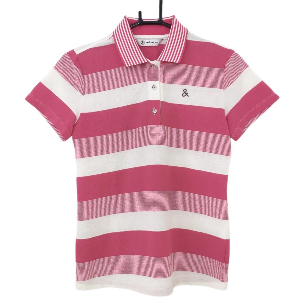 【美品】アンパスィ 半袖ポロシャツ ピンク×白 ボーダー 織生地 胸元ロゴ レディース L ゴルフウェア and per se