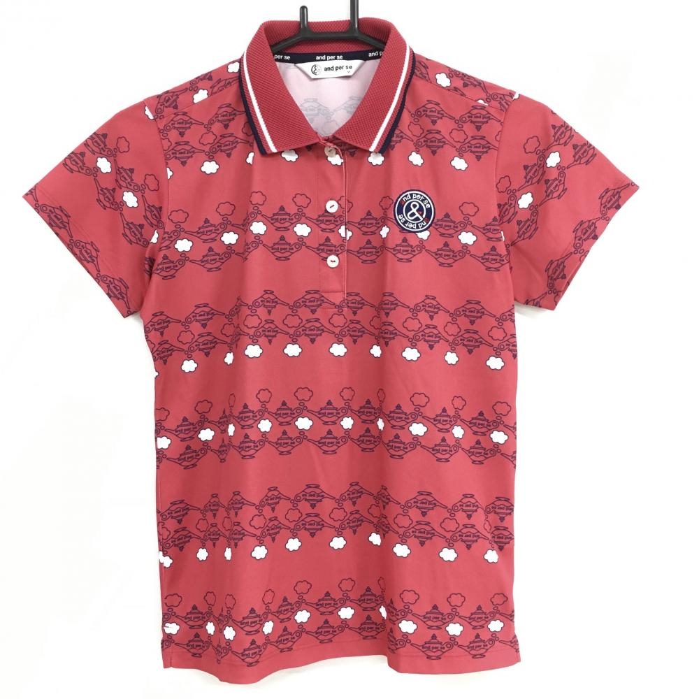 【超美品】アンパスィ　半袖ポロシャツ  ピンクレッド×ネイビー ランプ柄 ロゴ刺しゅう レディース M ゴルフウェア and per se