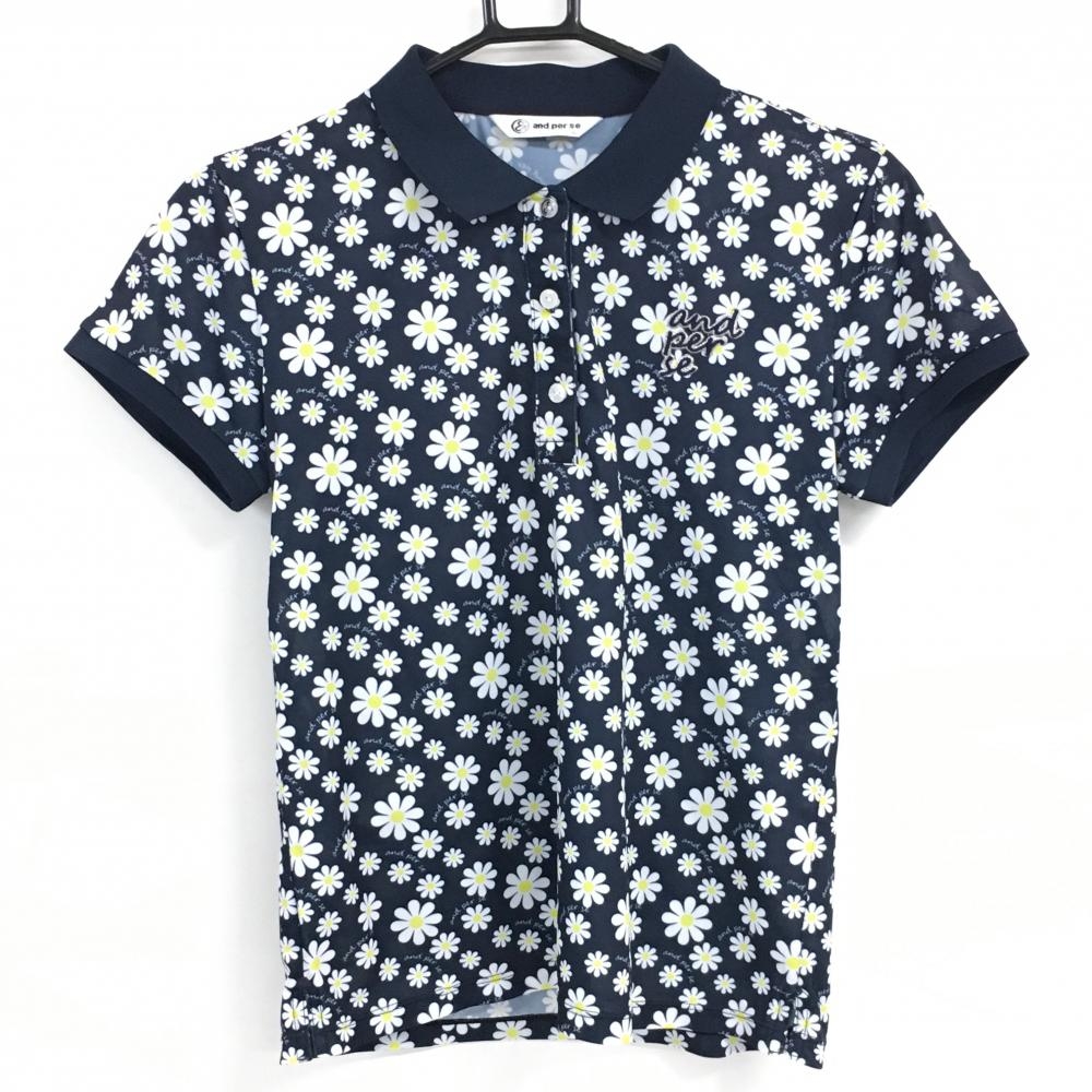 【超美品】アンパスィ 半袖ポロシャツ ダークネイビー×白 花柄 胸元ロゴ レディース L ゴルフウェア and per se