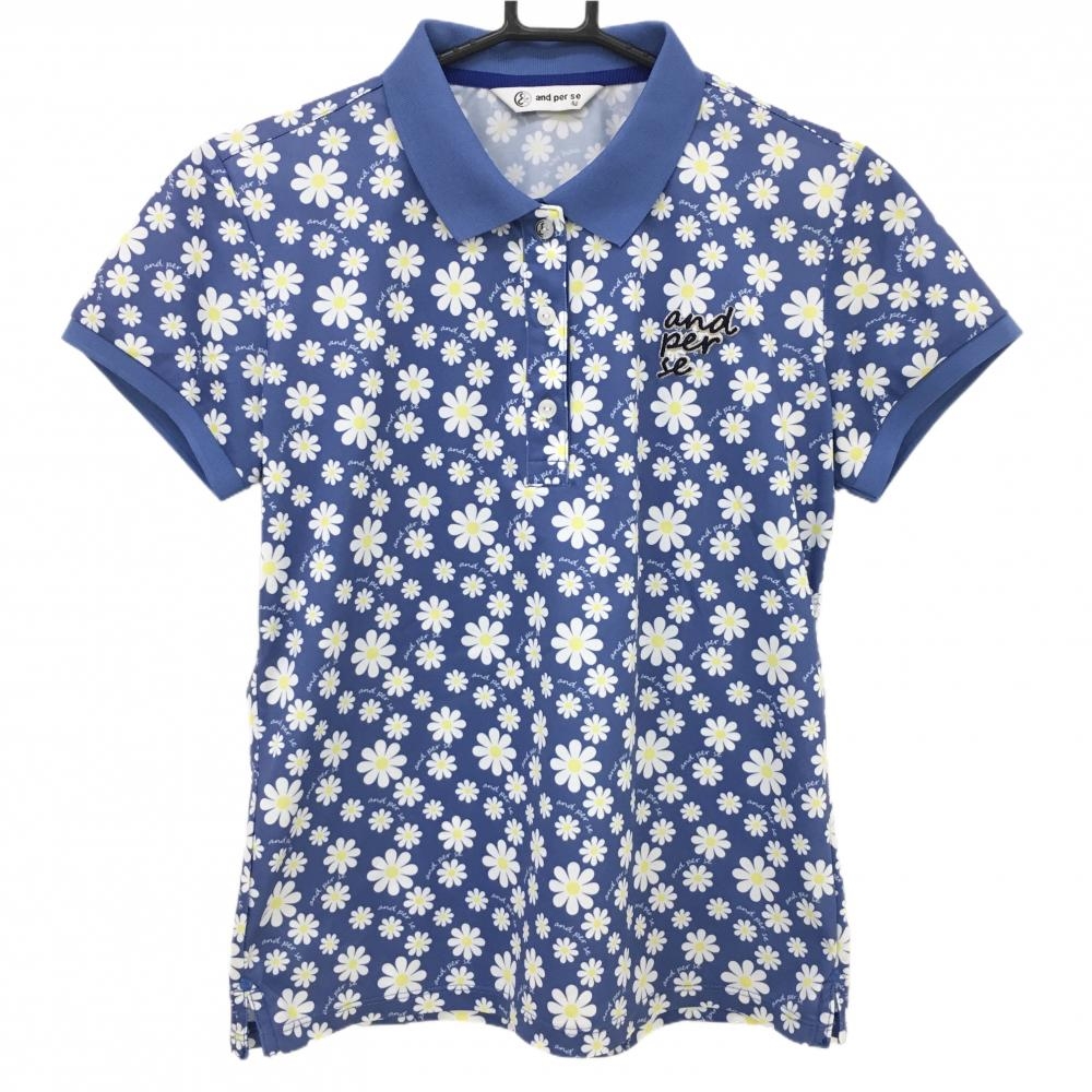 【超美品】アンパスィ 半袖ポロシャツ ブルー×白×イエロー 花柄 レディース L ゴルフウェア and per se