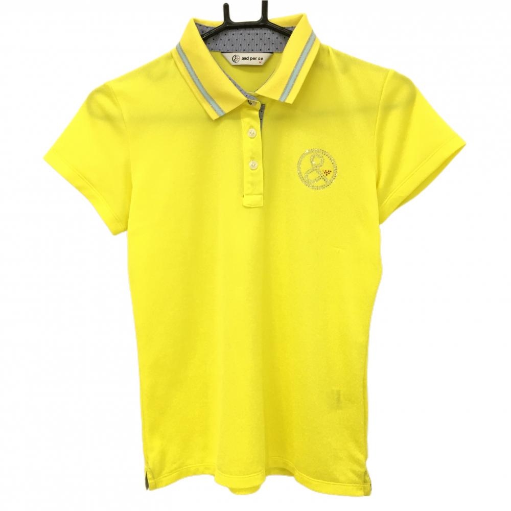 アンパスィ 半袖ポロシャツ イエロー×ライトブルー ラインストーンロゴ  レディース M ゴルフウェア and per se