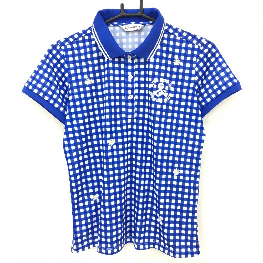【超美品】アンパスィ 半袖ポロシャツ ブルー×白 ギンガムチェック 前面花刺しゅう レディース L ゴルフウェア and per se
