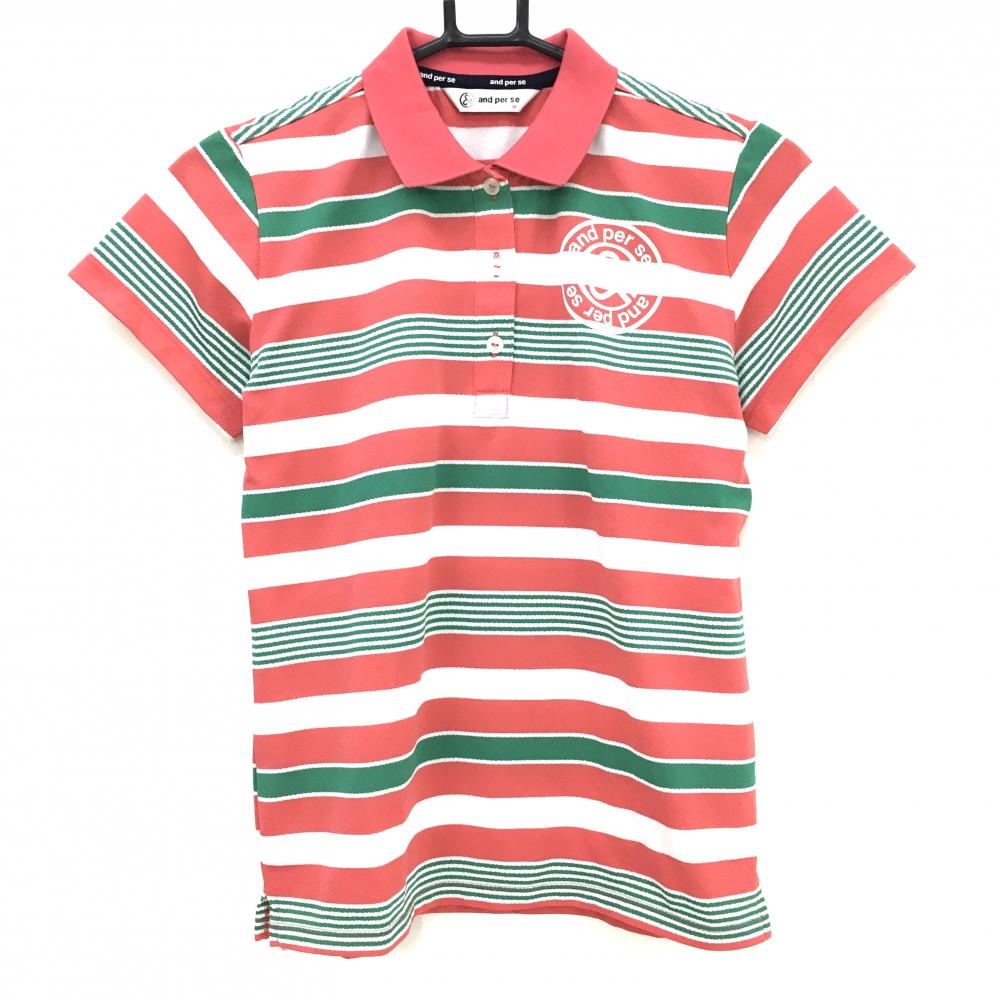 【美品】アンパスィ 半袖ポロシャツ ライトピンク×白×グリーン ボーダー 胸ロゴ レディース M ゴルフウェア and per se