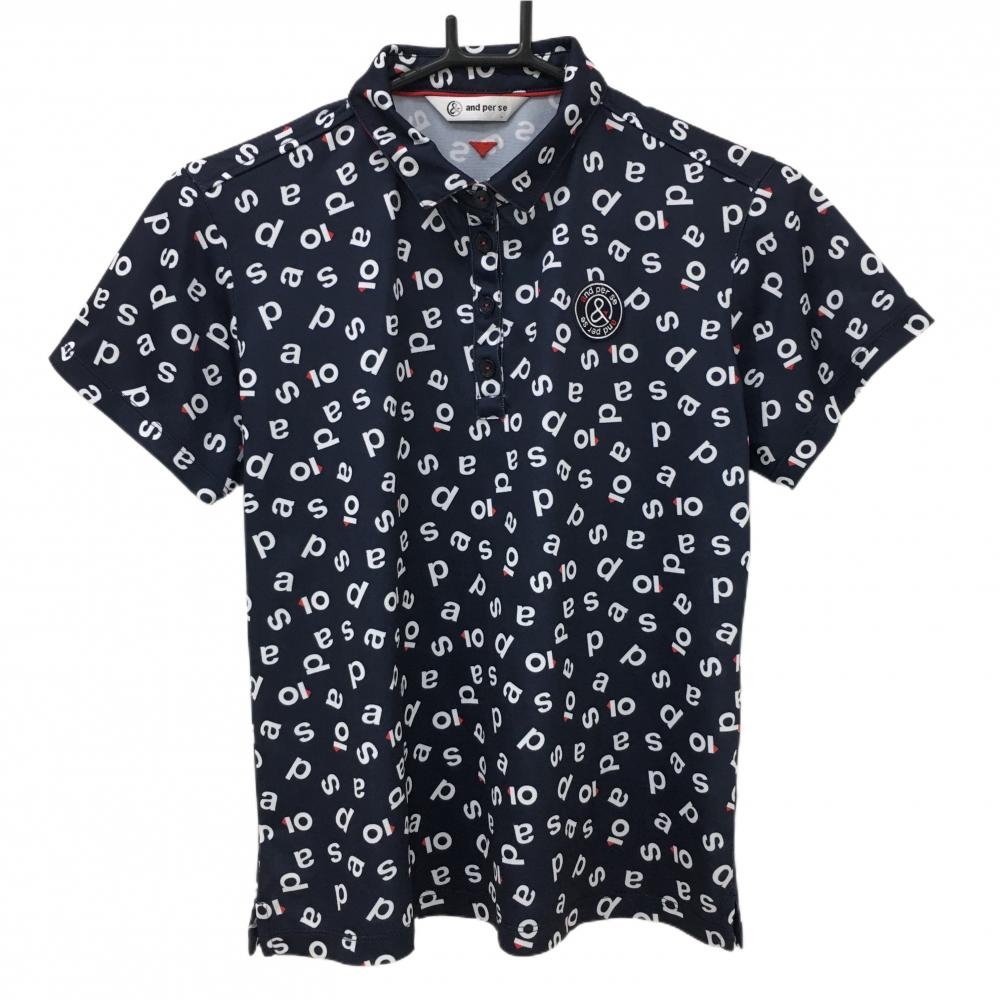 【美品】アンパスィ 半袖ポロシャツ ネイビー×白 英字総柄  レディース L ゴルフウェア and per se