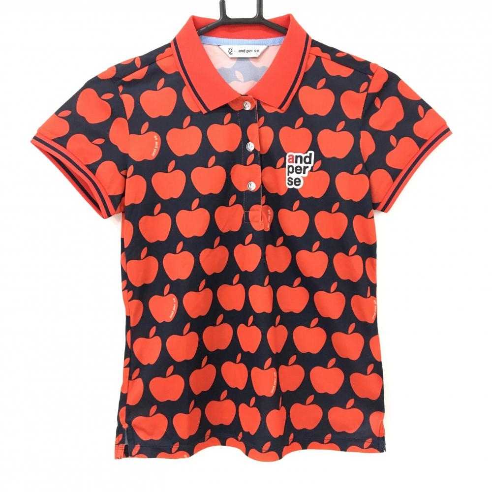 【超美品】アンパスィ 半袖ポロシャツ レッド×ネイビー アップル柄  レディース S ゴルフウェア and per se