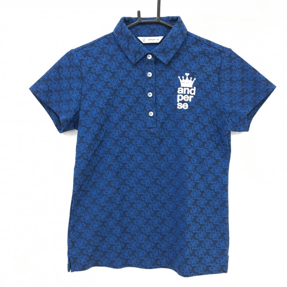 【超美品】アンパスィ 半袖ポロシャツ ダークネイビー×ネイビー 四つ葉総柄 ロゴプリント レディース L ゴルフウェア and per se