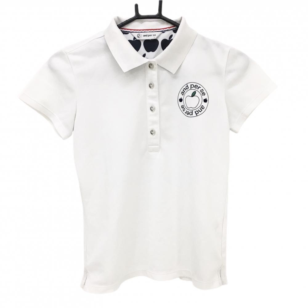 【美品】アンパスィ 半袖ポロシャツ 白×ネイビー リンゴ  レディース S ゴルフウェア and per se