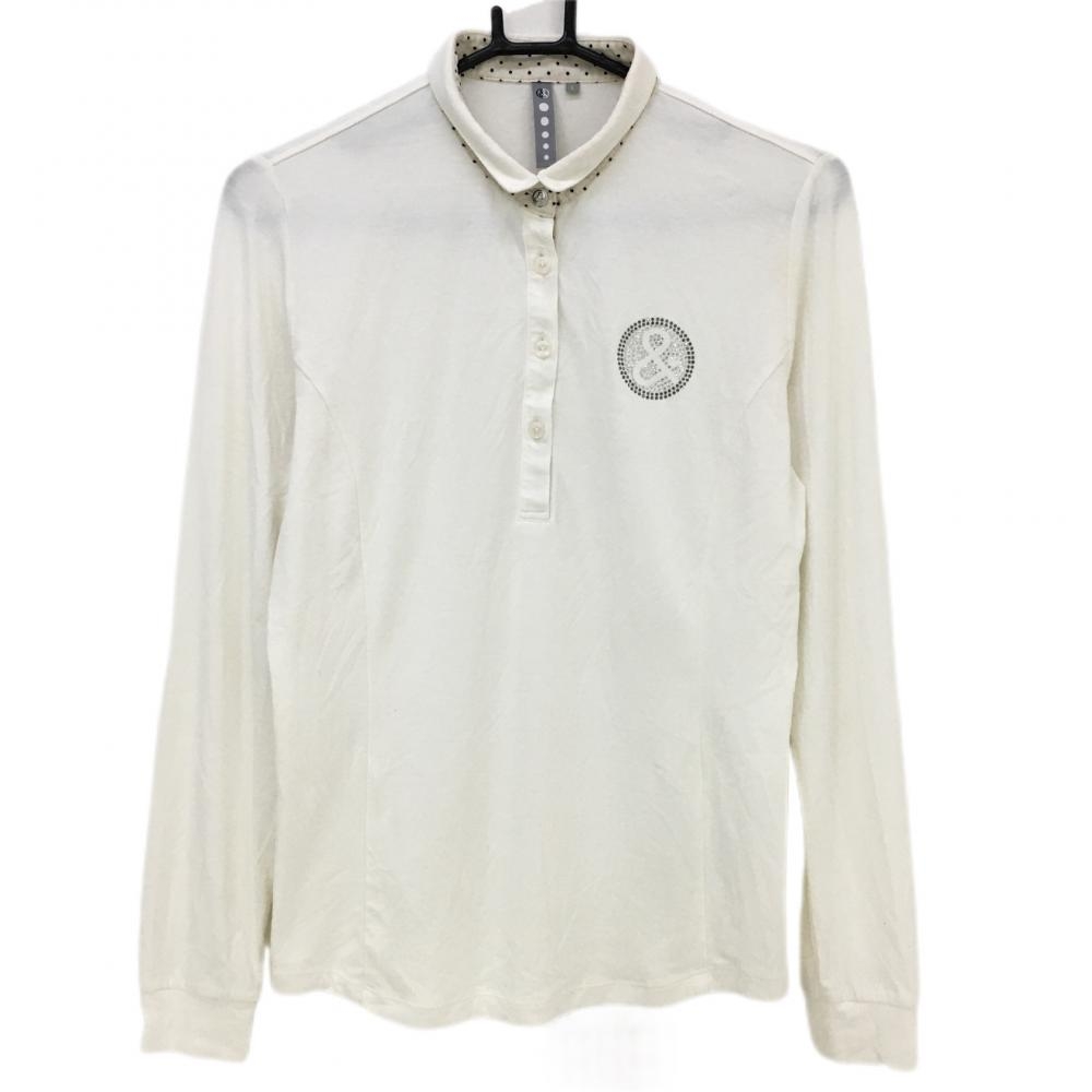 【美品】アンパスィ 長袖ポロシャツ アイボリー ロゴラインストーン 襟裏ドット柄  レディース L ゴルフウェア and per se