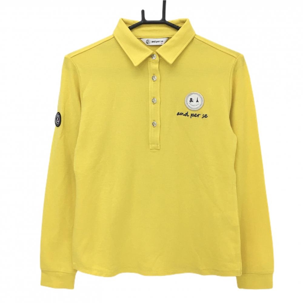 【超美品】アンパスィ 長袖ポロシャツ イエロー 胸元ワッペン ラインストーン  レディース M ゴルフウェア and per se