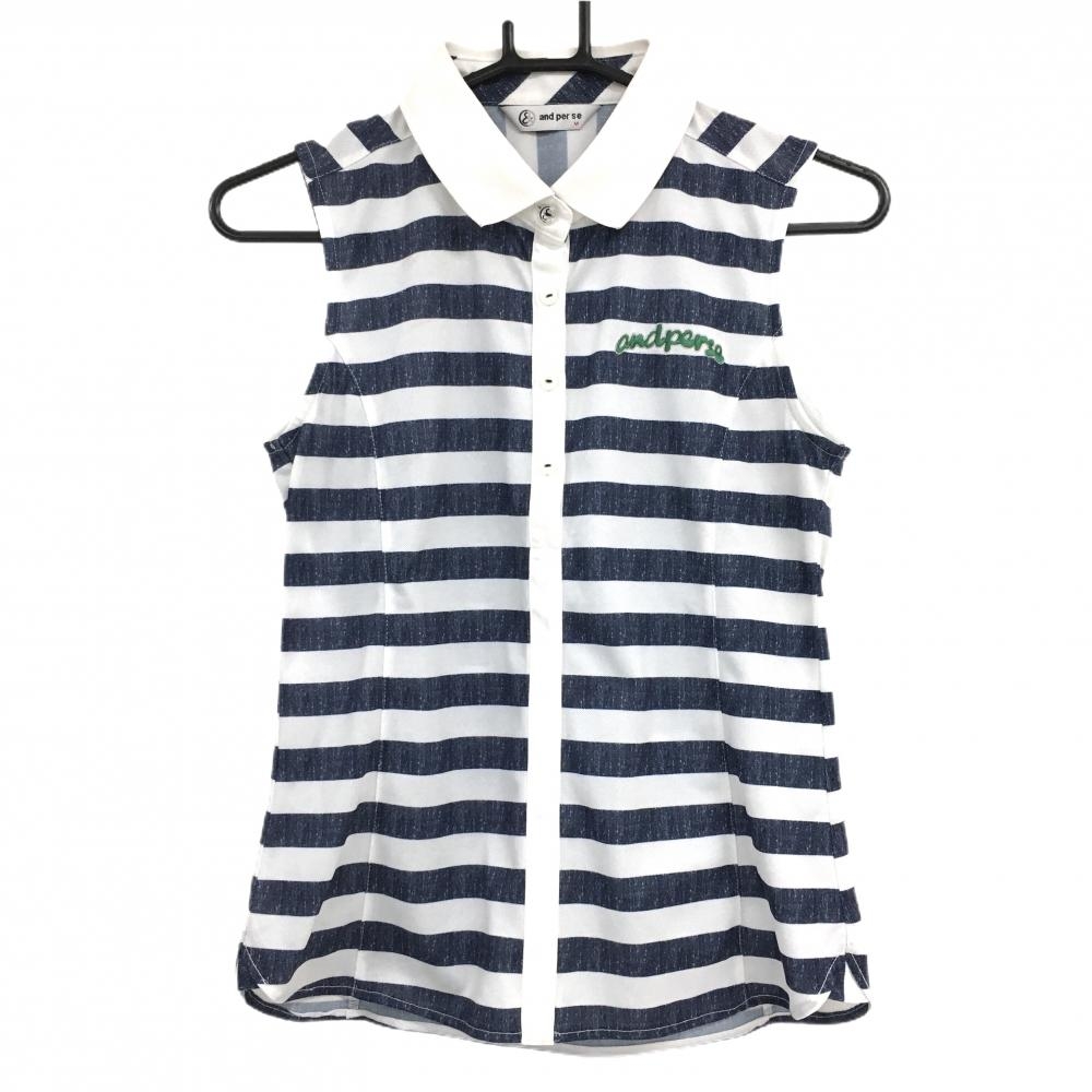 アンパスィ ノースリーブポロシャツ 白×ネイビー ボーダー レディース M ゴルフウェア and per se