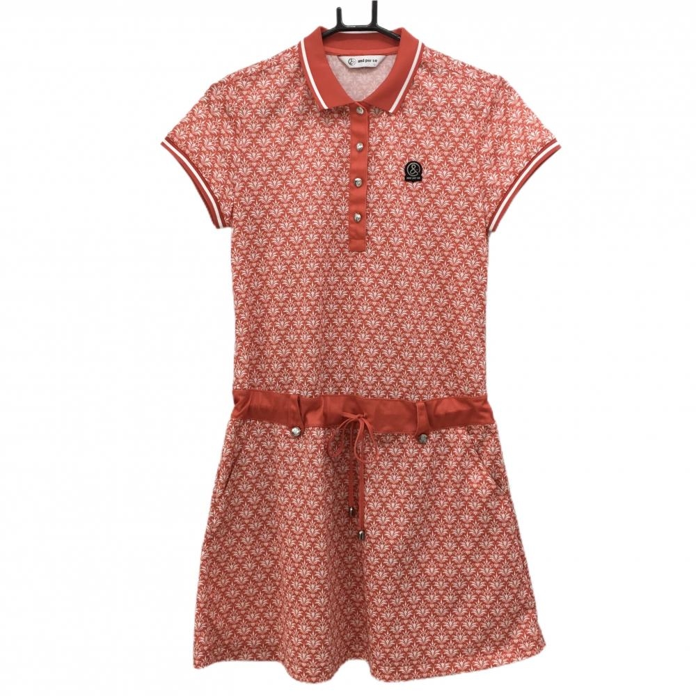【超美品】アンパスィ 半袖ポロワンピース レッドオレンジ×白 総柄 ロゴワッペン レディース L ゴルフウェア and per se