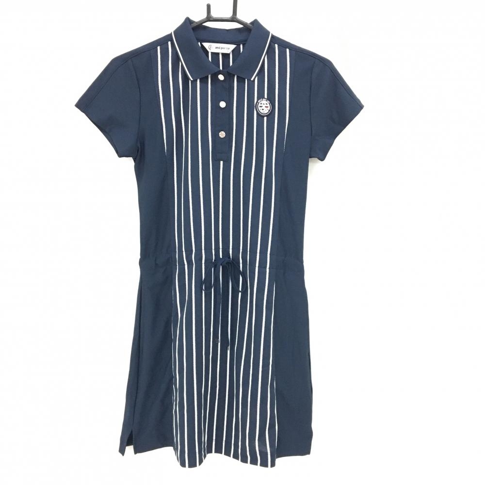 【超美品】アンパスィ 半袖ポロワンピース ネイビー×白 一部ストライプ ウエスト調整紐  レディース M ゴルフウェア and per se