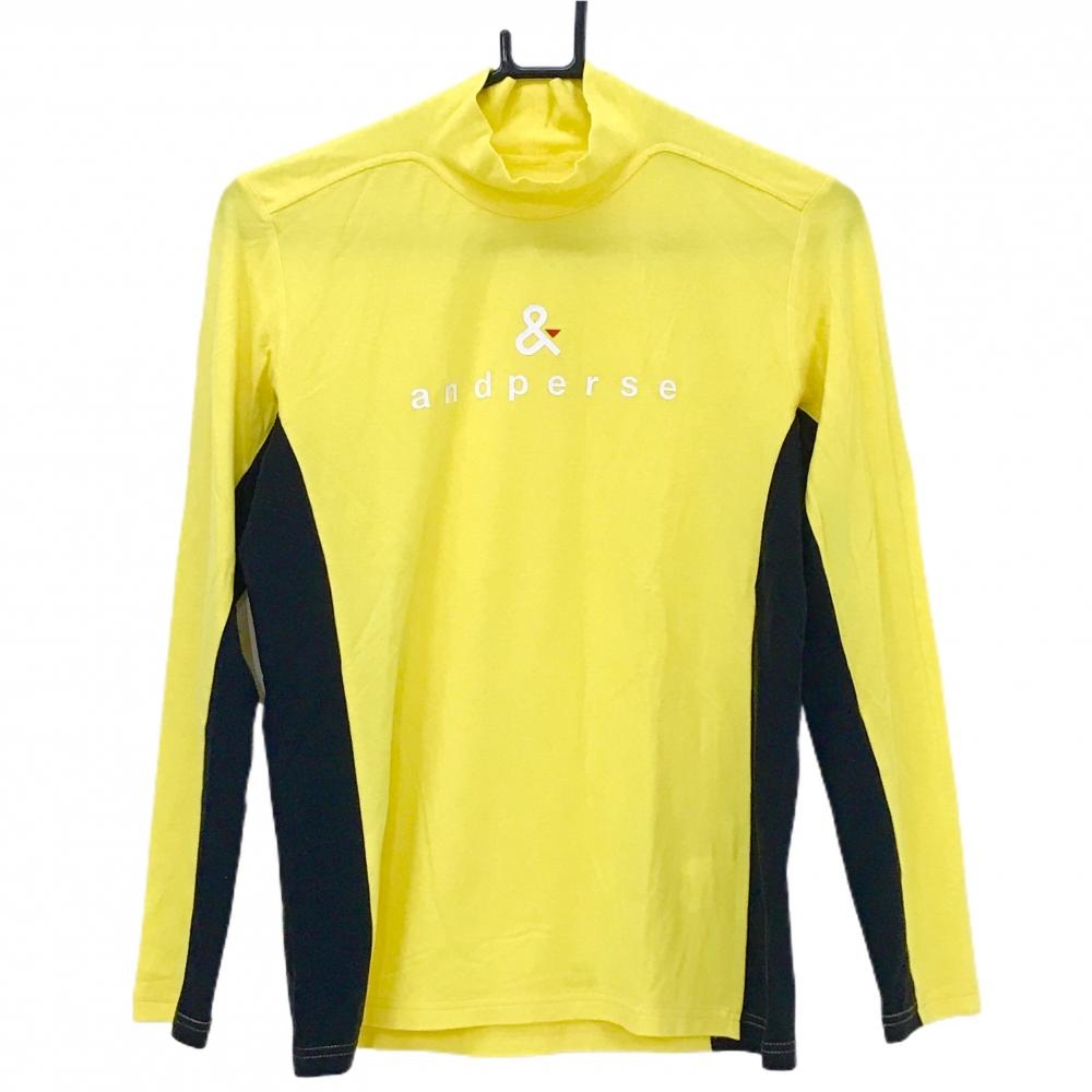 【美品】アンパスィ ハイネックインナーシャツ イエロー×黒 サイド微起毛 ロゴ白 サイド繊維付着 レディース M ゴルフウェア and per se