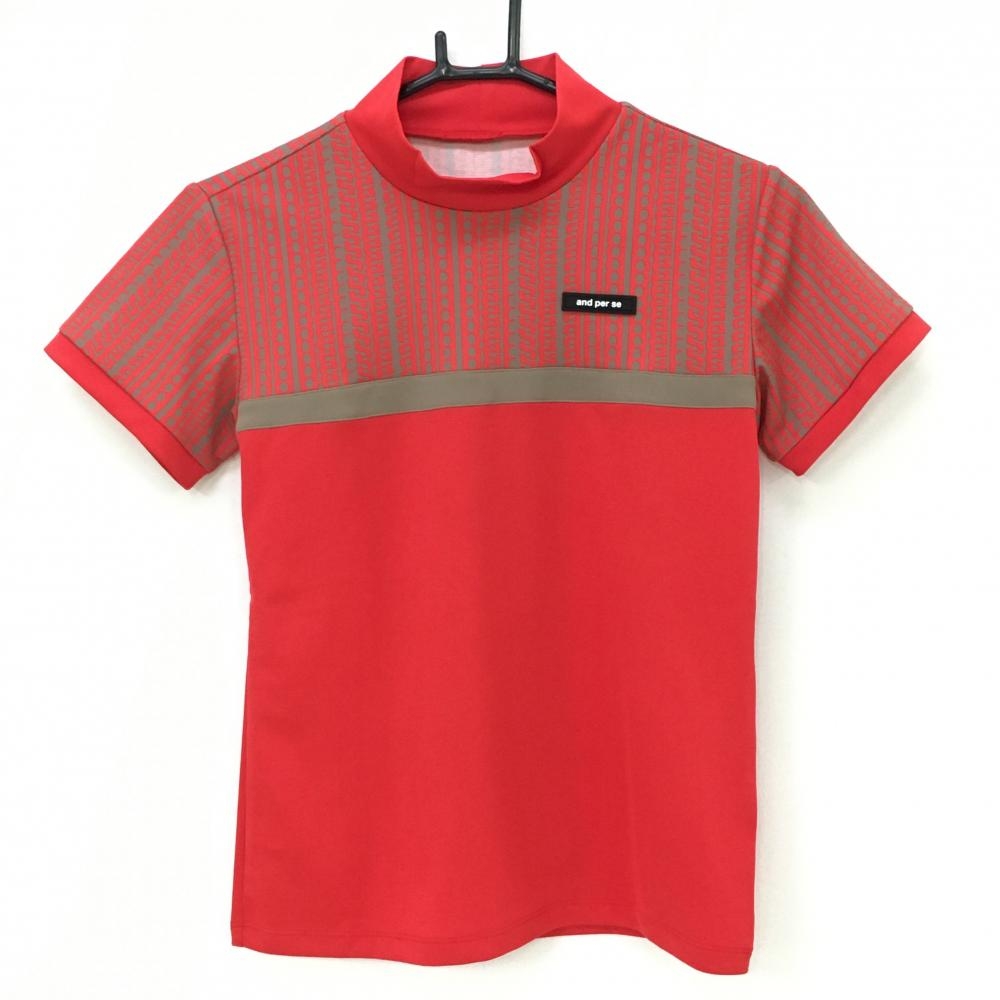 【超美品】アンパスィ 半袖ハイネックシャツ レッド×ベージュ 胸上総柄  レディース M ゴルフウェア and per se