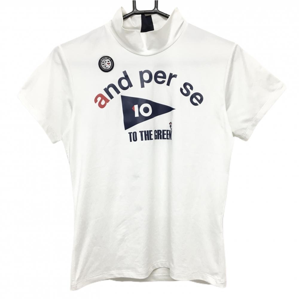 【美品】アンパスィ 半袖ハイネックシャツ 白×ネイビー ストレッチ レディース M ゴルフウェア and per se