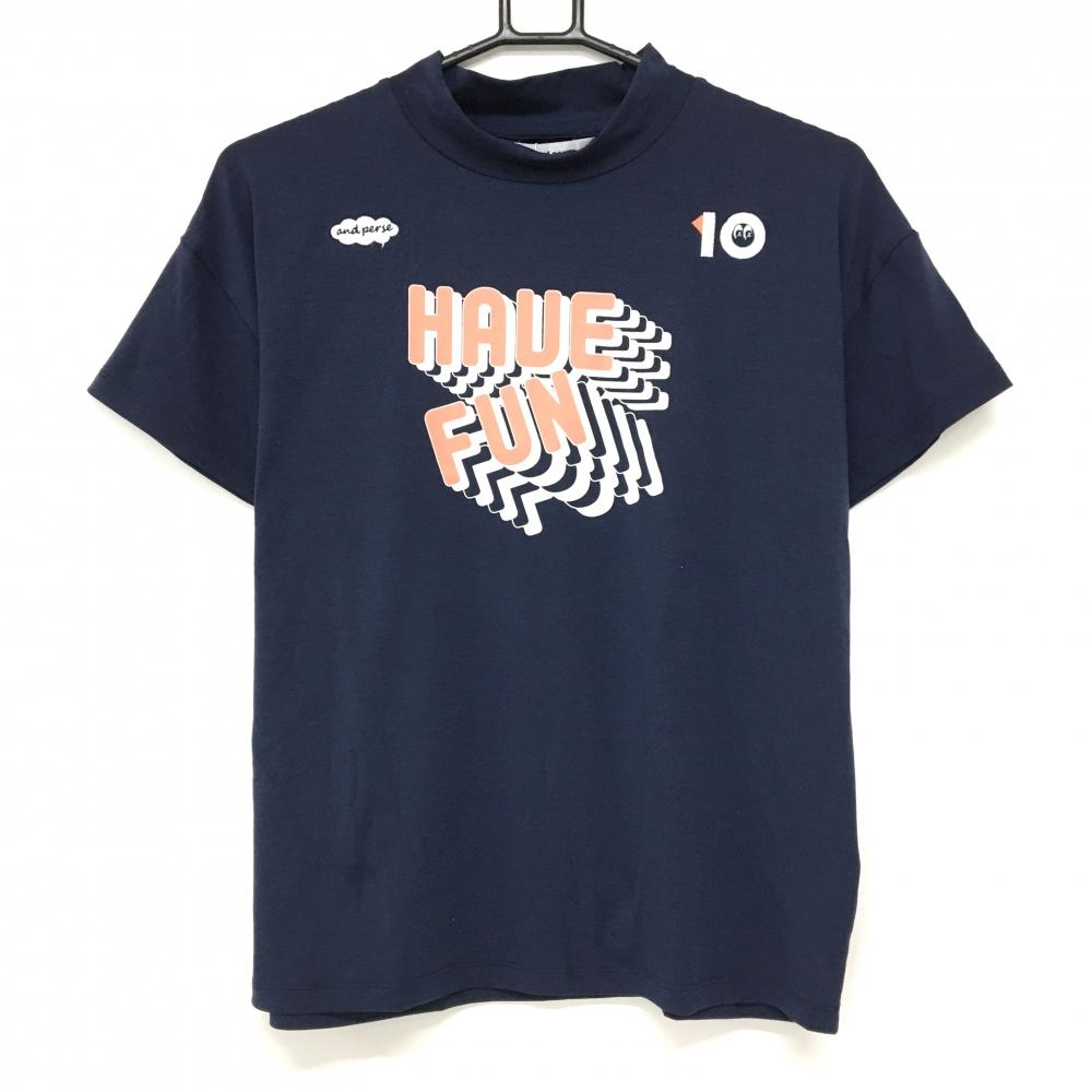 【新品】アンパスィ 半袖ハイネックシャツ ネイビー ストレッチ 吸汗速乾 UVカット レディース L ゴルフウェア and per se