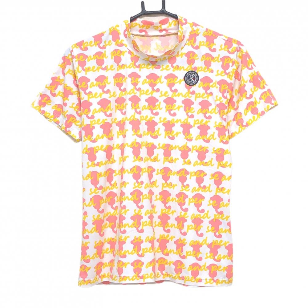 【超美品】アンパスィ 半袖ハイネックシャツ 白×ピンク×イエロー ロゴ総柄  レディース L ゴルフウェア and per se