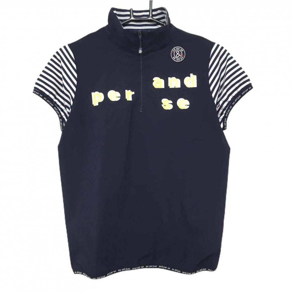 【超美品】アンパスィ 半袖ハイネックシャツ ネイビー×白 袖ボーダー 裏起毛 ハーフジップ  レディース M ゴルフウェア and per se