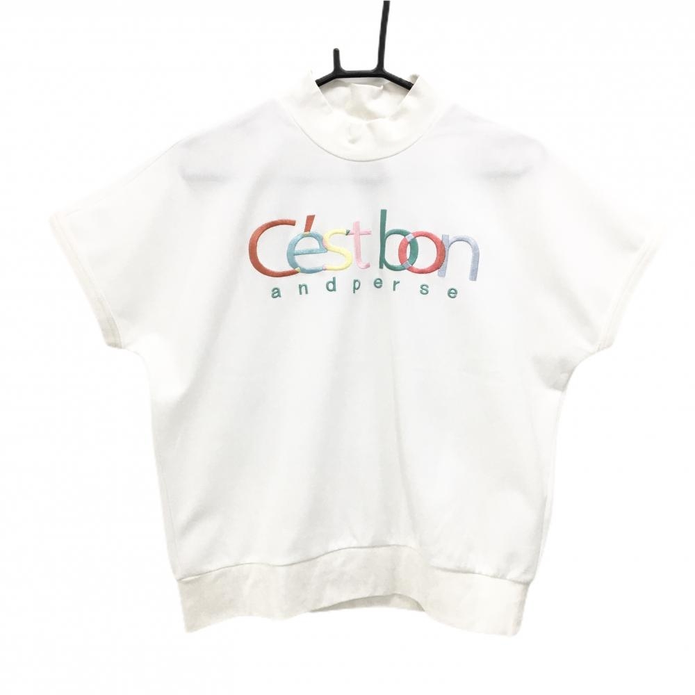 【超美品】アンパスィ 半袖ハイネックシャツ 白 ロゴマルチカラー フレンチスリーブ  レディース L ゴルフウェア and per se