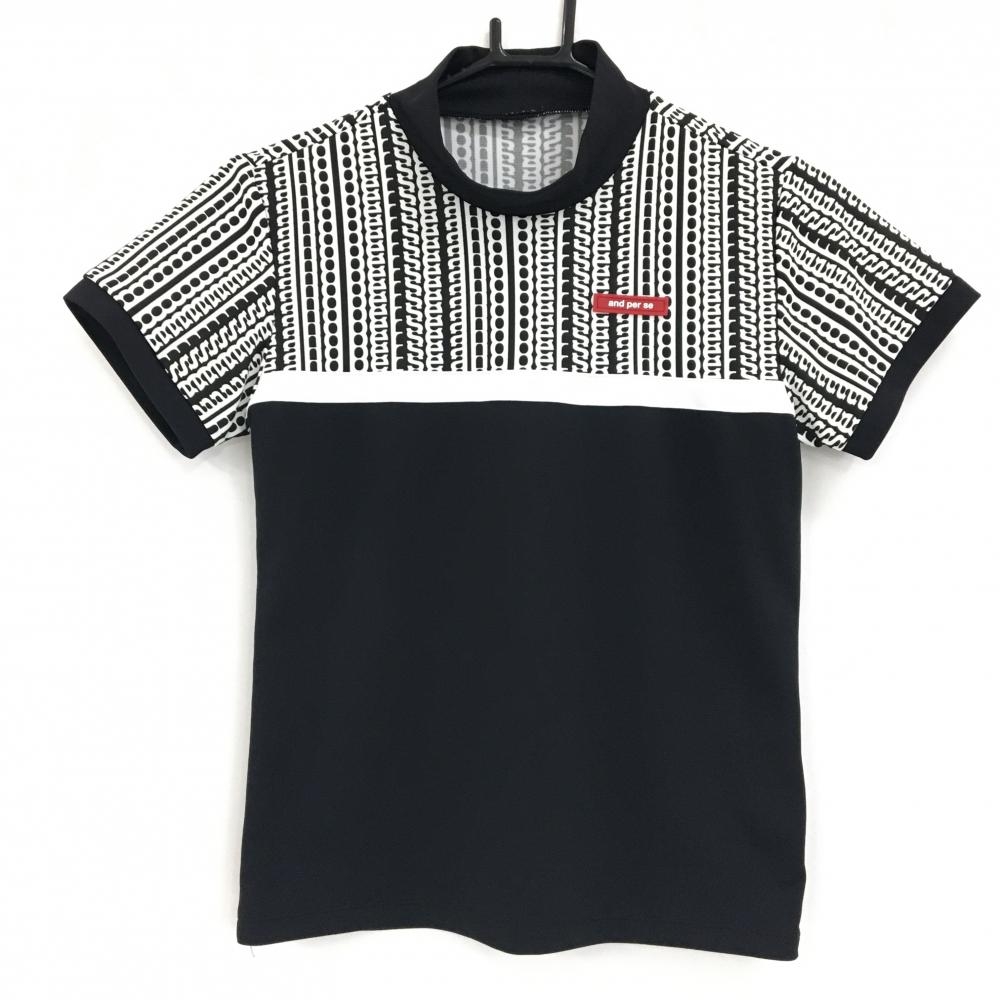【超美品】アンパスィ 半袖ハイネックシャツ 黒×白 身頃上柄 胸ロゴ レディース M ゴルフウェア and per se