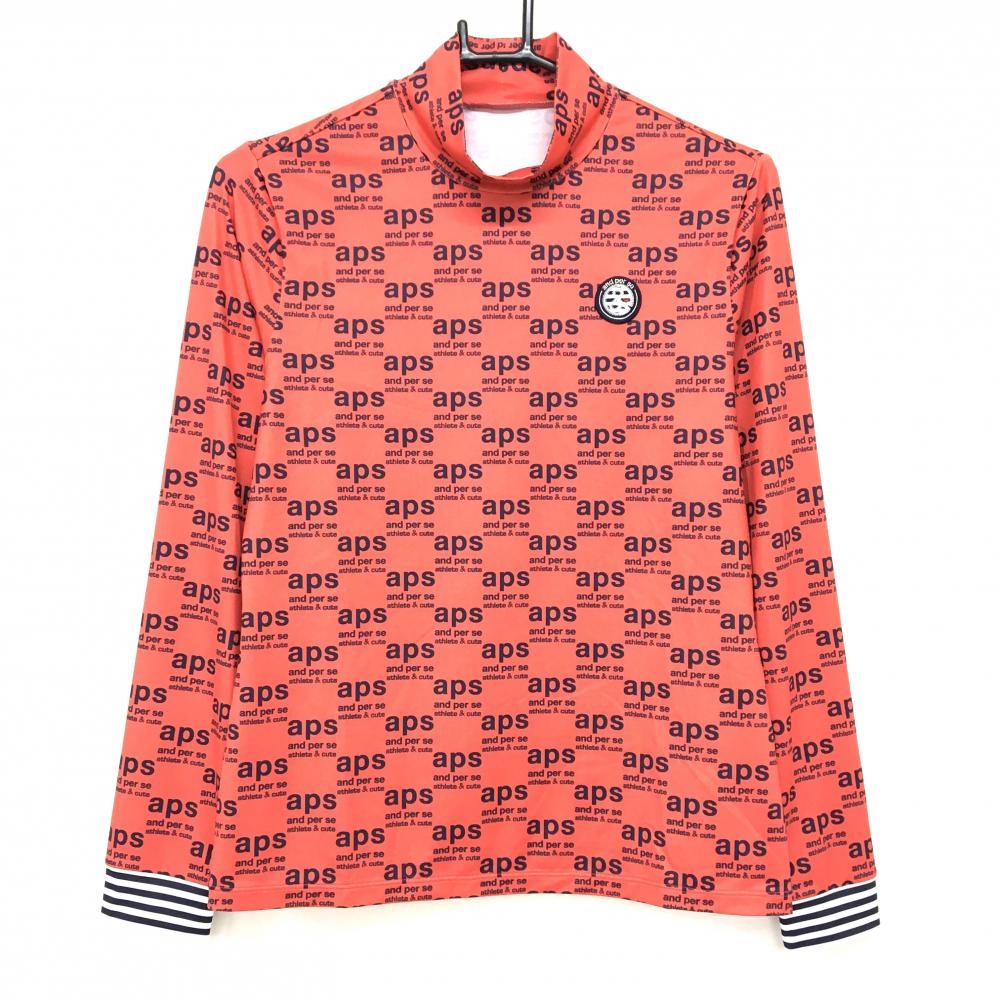 【超美品】アンパスィ 長袖ハイネックシャツ レッド×ネイビー　ロゴ総柄 レディース L ゴルフウェア and per se