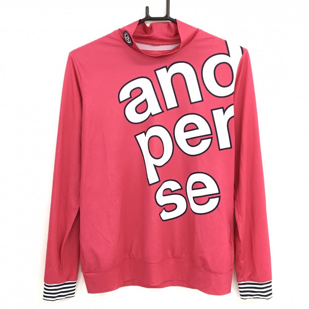 【超美品】アンパスィ 長袖ハイネックシャツ ピンク×白 ビッグロゴプリント 袖口ボーダー レディース L ゴルフウェア and per se