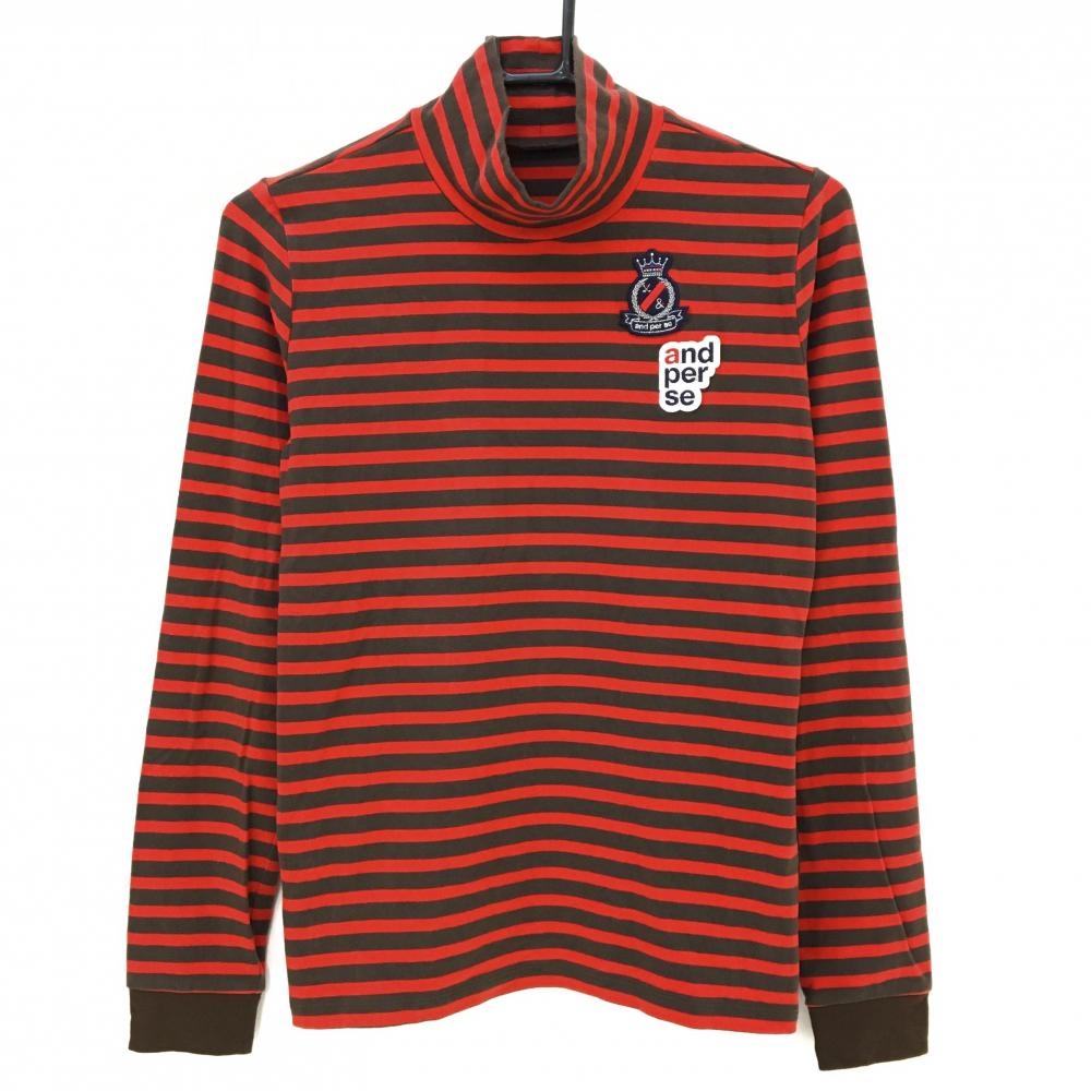 【超美品】アンパスィ 長袖ハイネックシャツ レッド×ダークブラウン ボーダー 表微起毛 アクリル混 レディース L ゴルフウェア and per se