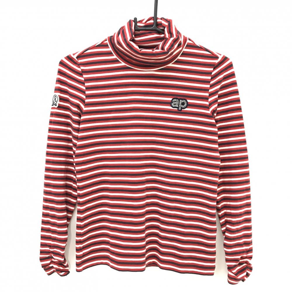 【美品】アンパスィ 長袖タートルネックシャツ レッド×ネイビー×白 ボーダー 袖シャーリング  レディース M ゴルフウェア and per se