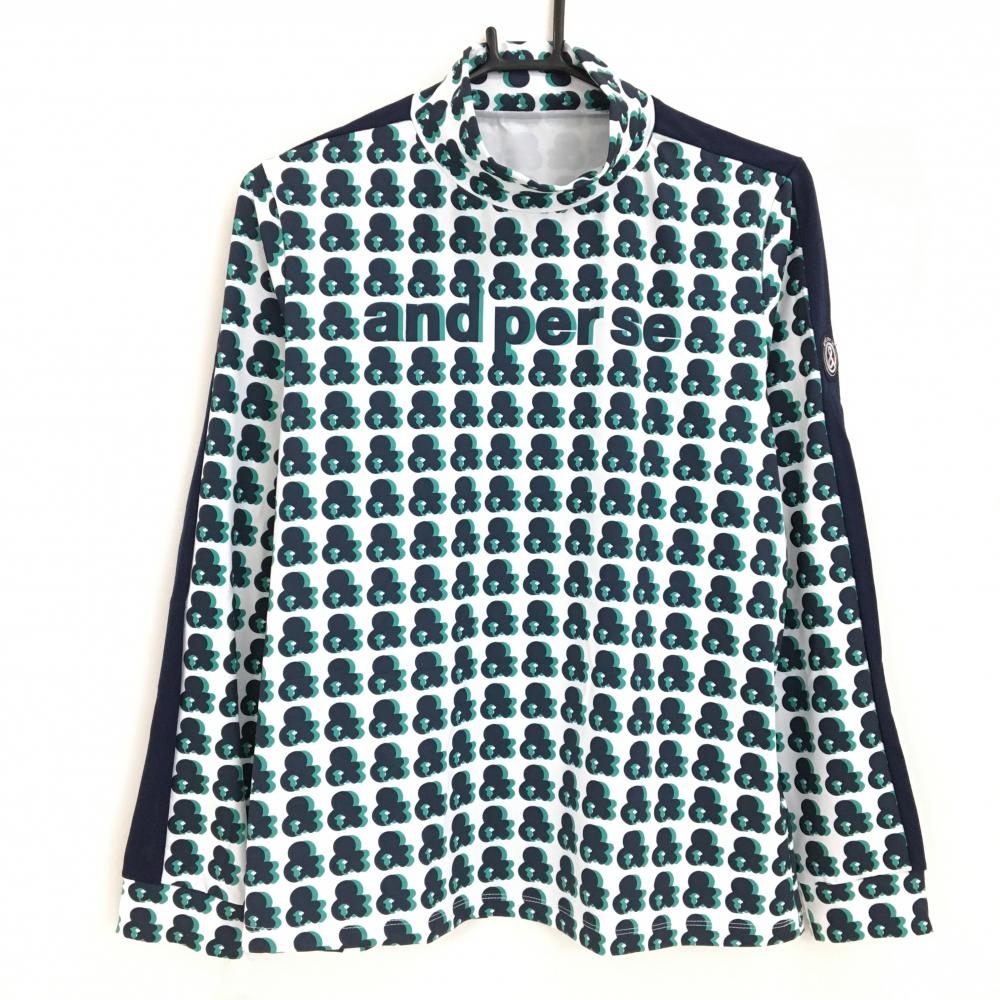 【新品】アンパスィ 長袖ハイネックシャツ 白×ネイビー×グリーン ロゴ総柄  レディース LL ゴルフウェア and per se