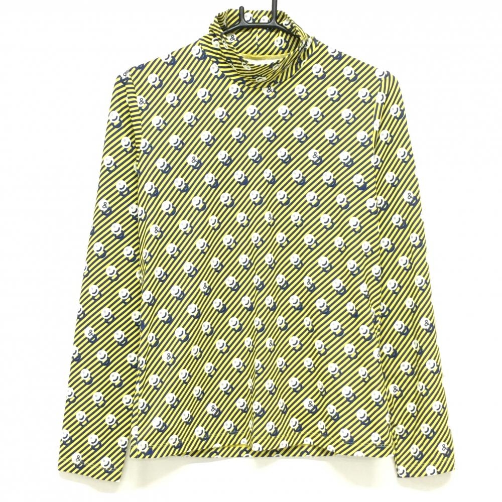 【超美品】アンパスィ 長袖ハイネックシャツ イエロー×ネイビー 斜めストライプ レディース L ゴルフウェア and per se