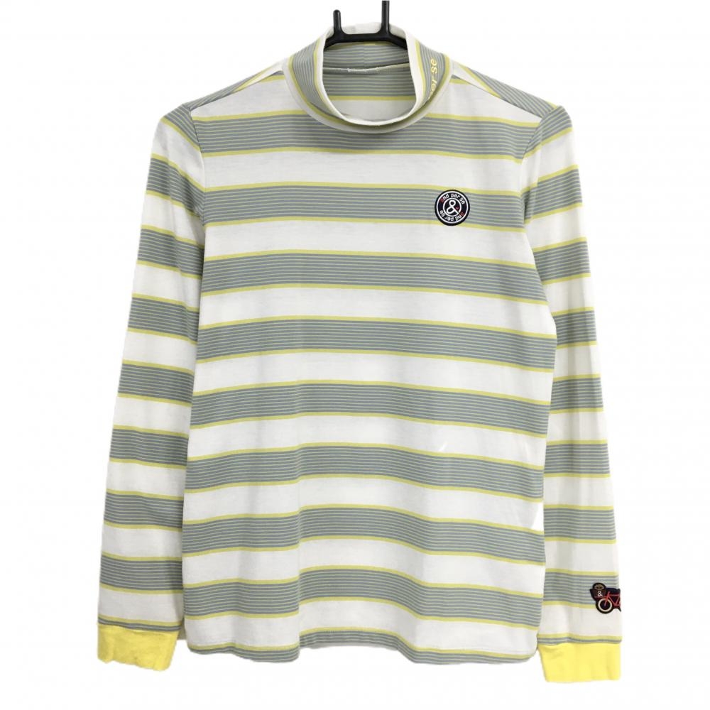 アンパスィ 長袖ハイネックシャツ 白×グレー×ライムイエロー系 ボーダー ネックロゴ レディース M ゴルフウェア and per se