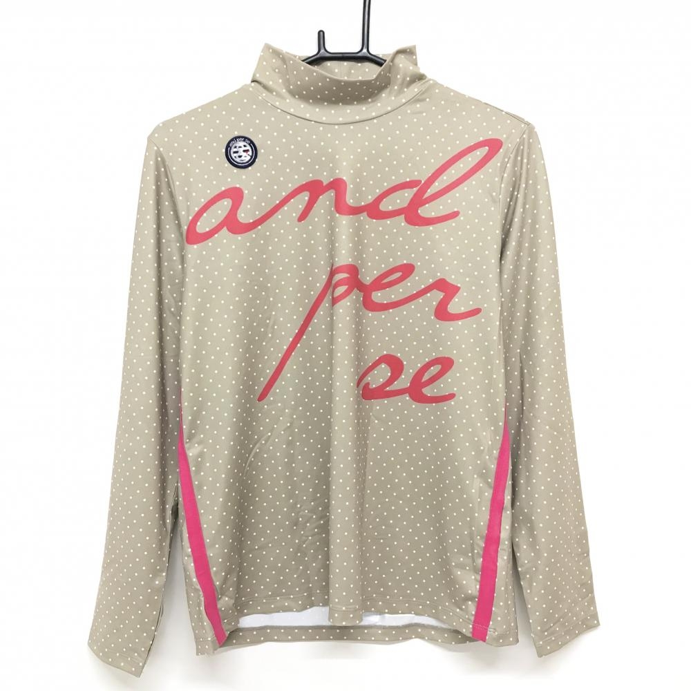 【新品】アンパスィ 長袖ハイネックシャツ ベージュ×白×ピンク ドット ビッグロゴ ストレッチ レディース LL ゴルフウェア and per se